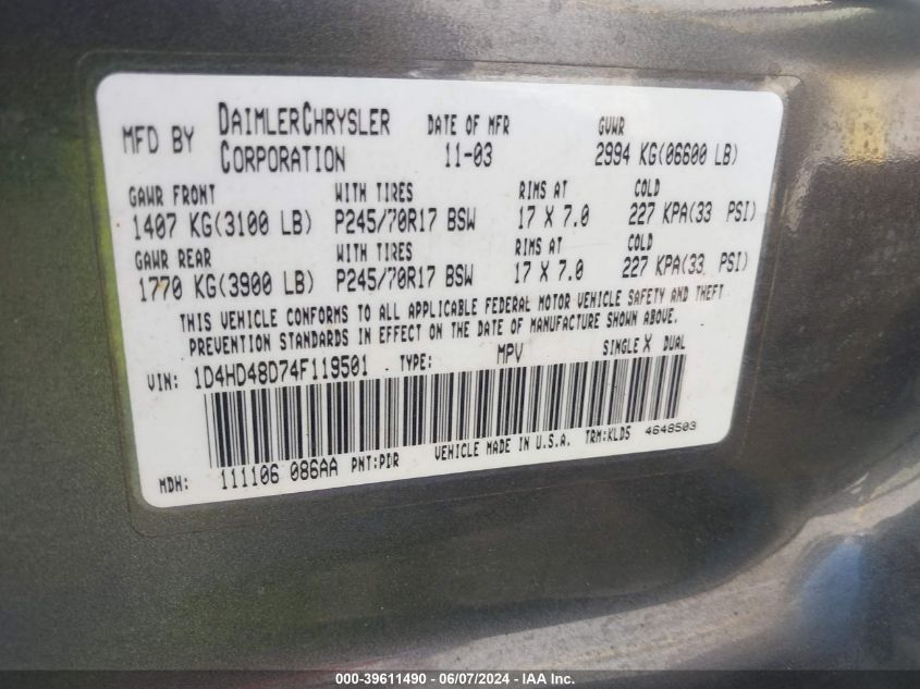 2004 Dodge Durango Slt VIN: 1D4HD48D74F119501 Lot: 39611490