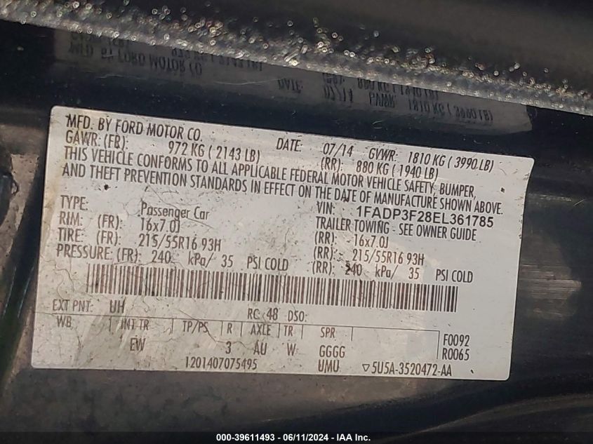 2014 FORD FOCUS SE - 1FADP3F28EL361885