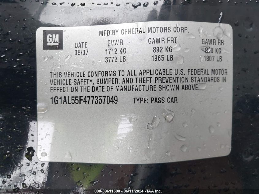 2007 Chevrolet Cobalt Lt VIN: 1G1AL55F477357049 Lot: 39611500