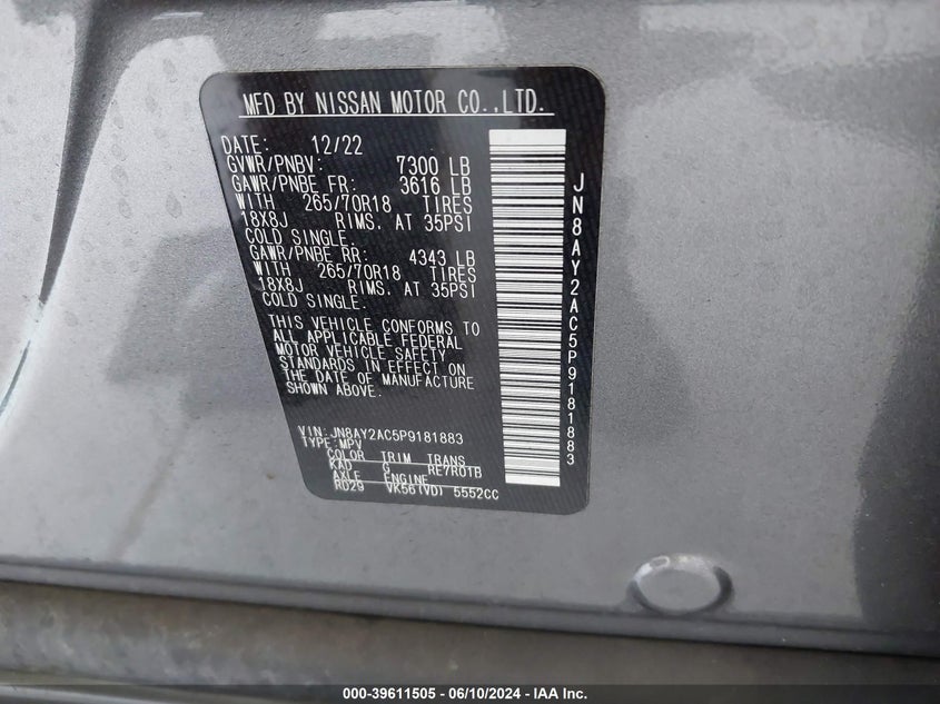 2023 NISSAN ARMADA 5.6L V8   N(VIN: JN8AY2AC5P9181883