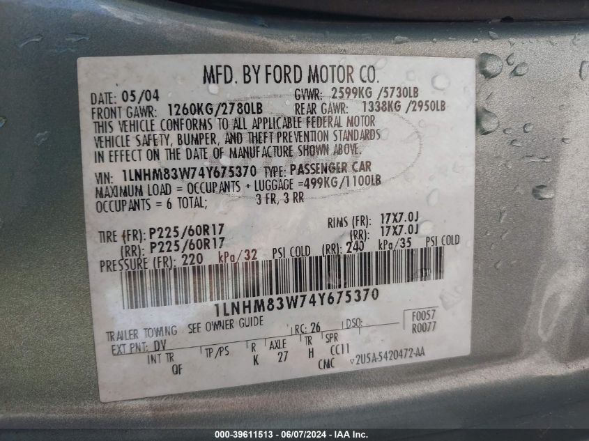 2004 Lincoln Town Car Ultimate VIN: 1LNHM83W74Y675370 Lot: 39611513