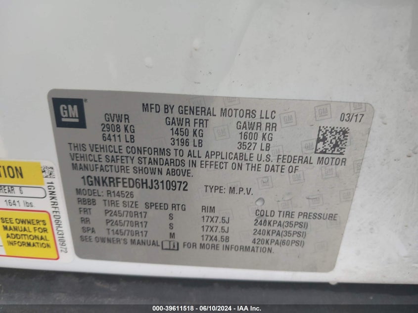 2017 Chevrolet Traverse Ls VIN: 1GNKRFED6HJ310972 Lot: 39611518