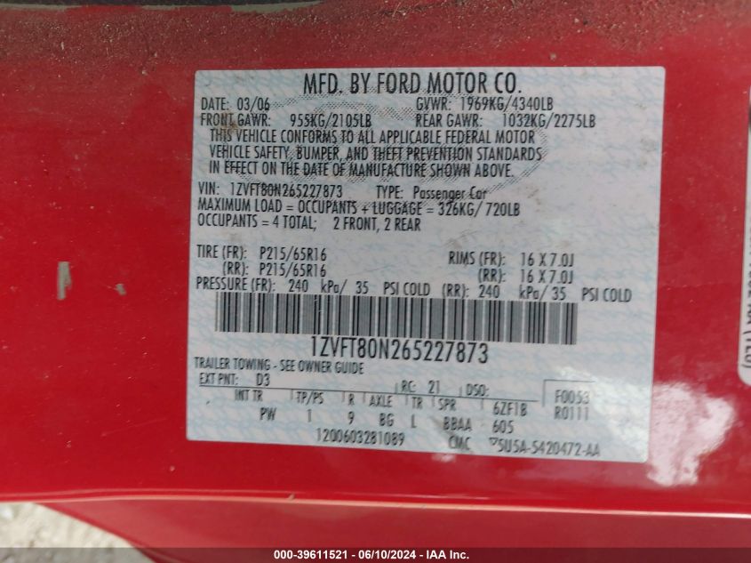 2006 Ford Mustang V6 VIN: 1ZVFT80N265227873 Lot: 39611521