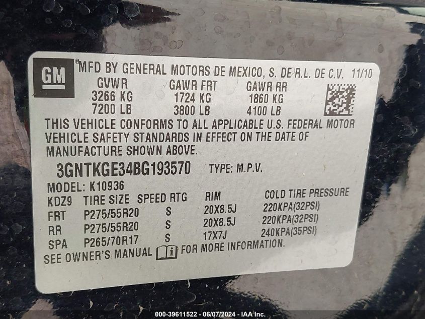 2011 Chevrolet Avalanche 1500 Ltz VIN: 3GNTKGE34BG193570 Lot: 39611522