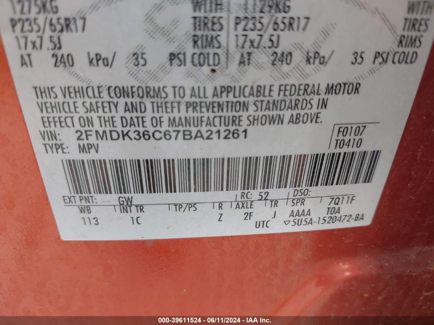 2007 Ford Edge Se VIN: 2FMDK36C67BA21261 Lot: 39611524