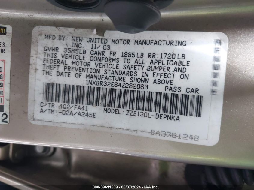 2004 Toyota Corolla Le VIN: 1NXBR32E84Z282083 Lot: 39611539