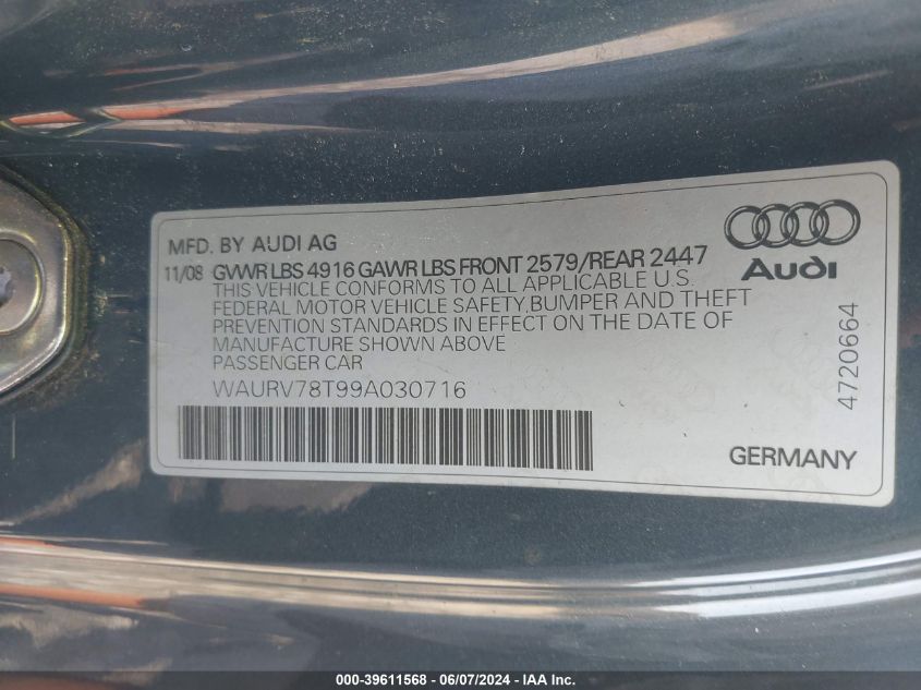 2009 Audi S5 4.2L VIN: WAURV78T99A030716 Lot: 39611568