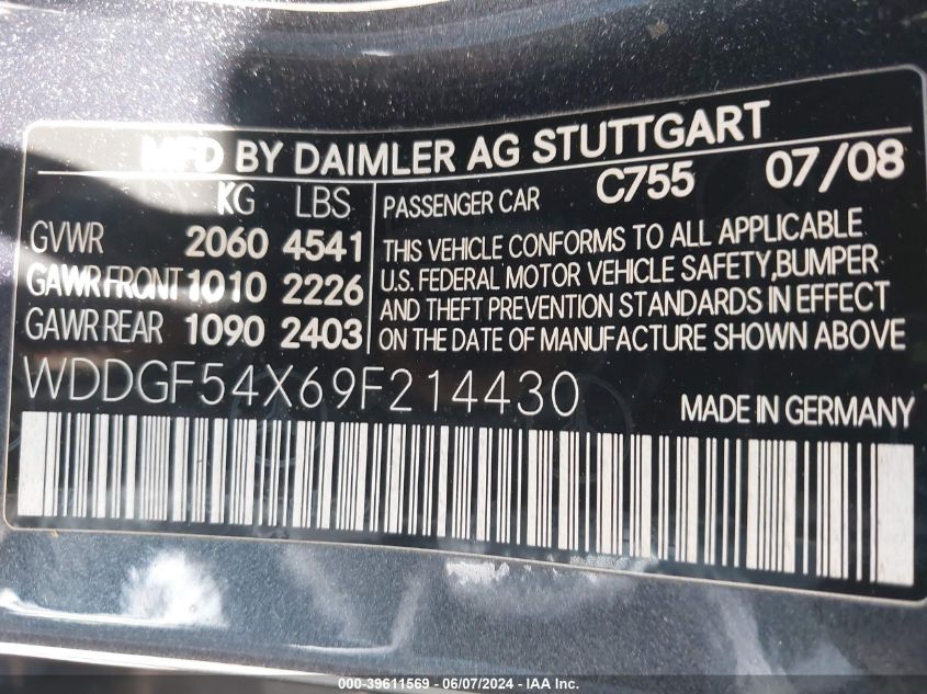 2009 Mercedes-Benz C 300 Luxury/Sport VIN: WDDGF54X69F214430 Lot: 39611569