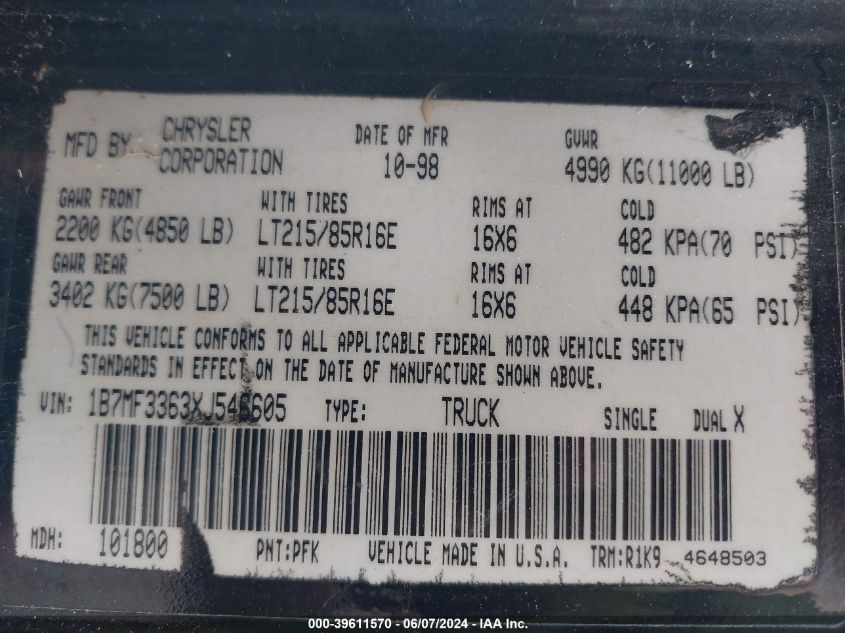 1999 Dodge Ram 3500 St VIN: 1B7MF3363XJ546605 Lot: 39611570