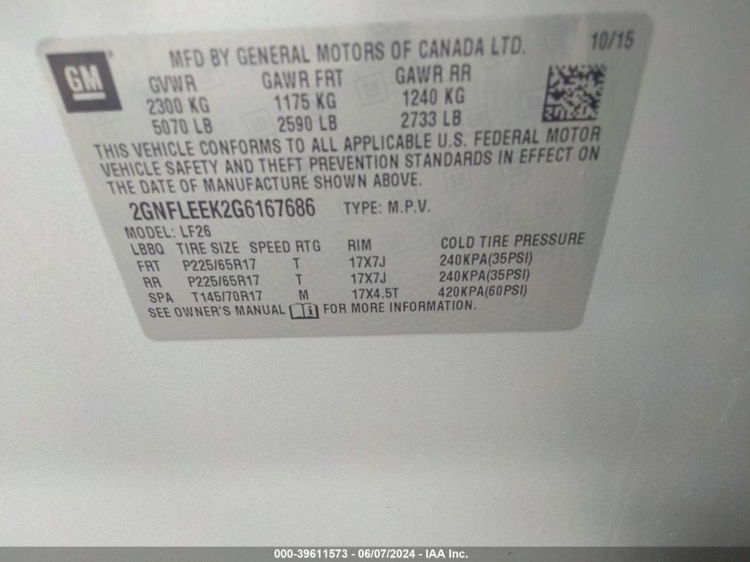 2016 Chevrolet Equinox Ls VIN: 2GNFLEEK2G6167686 Lot: 39611573