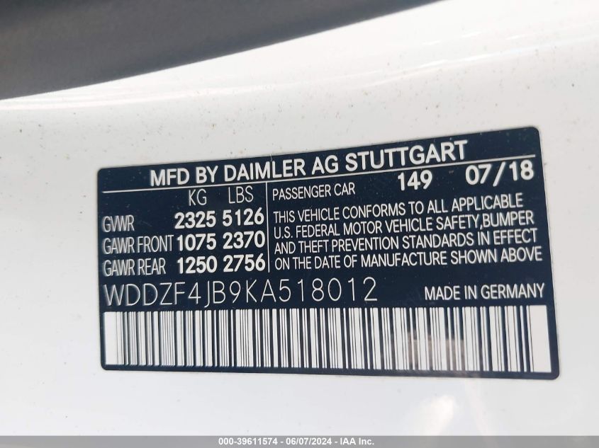 2019 Mercedes-Benz E 300 VIN: WDDZF4JB9KA518012 Lot: 39611574