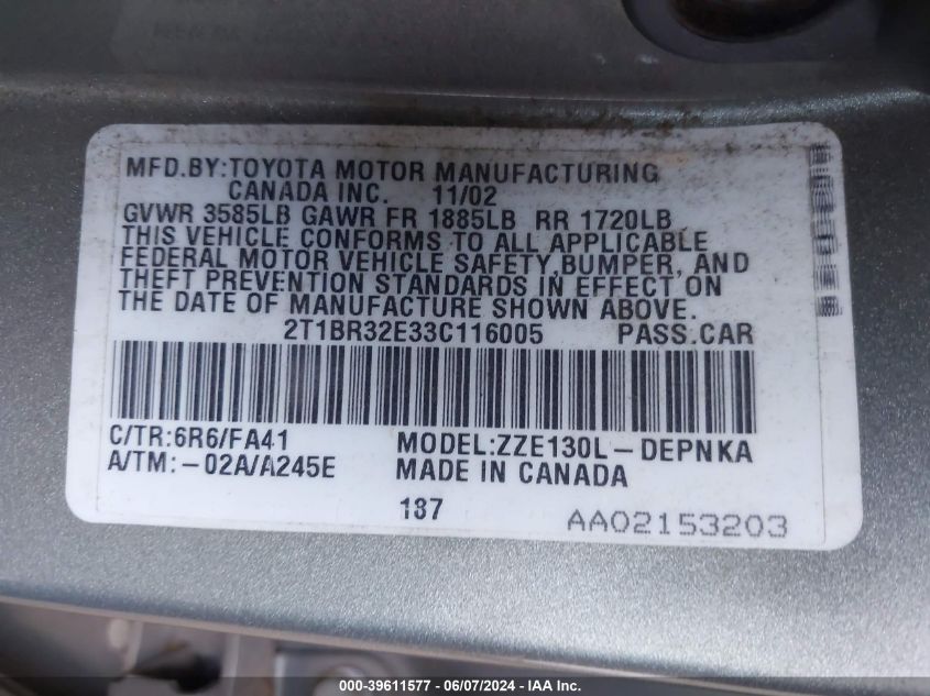 2003 Toyota Corolla Le VIN: 2T1BR32E33C116005 Lot: 39611577