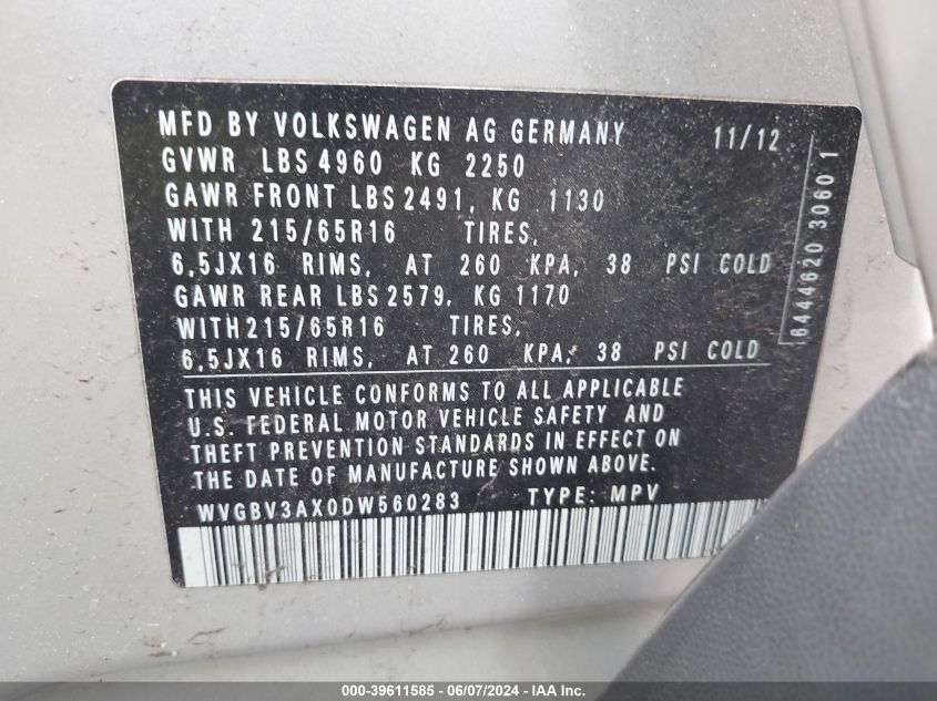 2013 Volkswagen Tiguan S VIN: WVGBV3AX0DW560283 Lot: 39611585