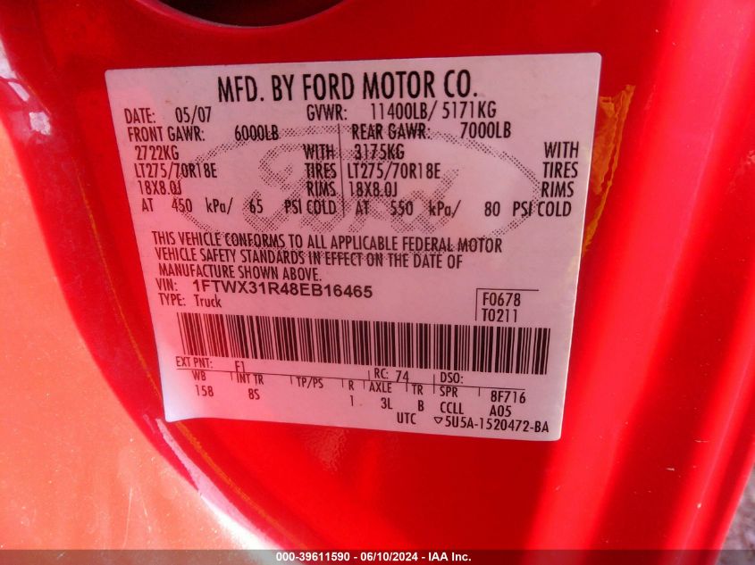 2008 Ford F-350 Fx4/Lariat/Xl/Xlt VIN: 1FTWX31R48EB16465 Lot: 39611590