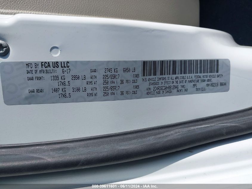 2017 Dodge Grand Caravan Sxt VIN: 2C4RDGCG0HR812946 Lot: 39611601