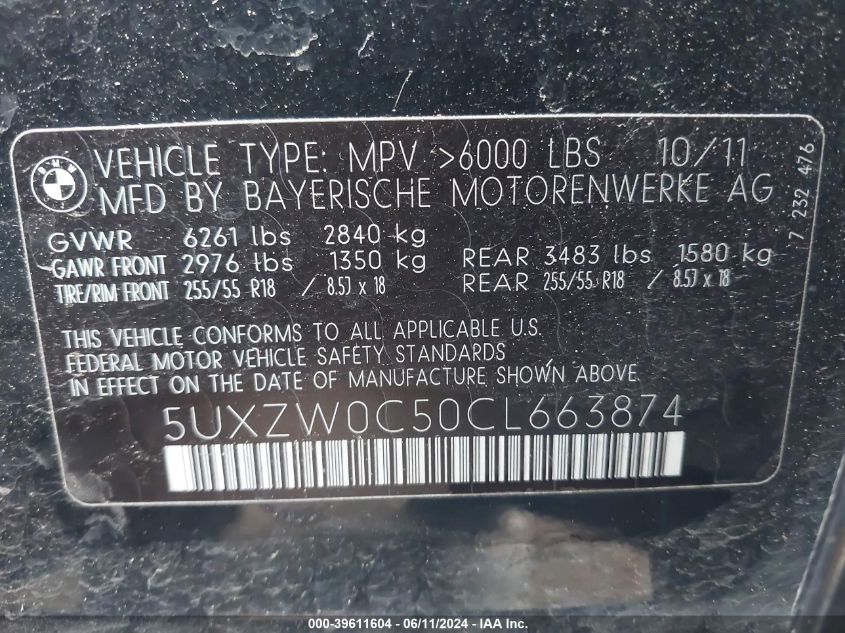2012 BMW X5 xDrive35D VIN: 5UXZW0C50CL663874 Lot: 39611604