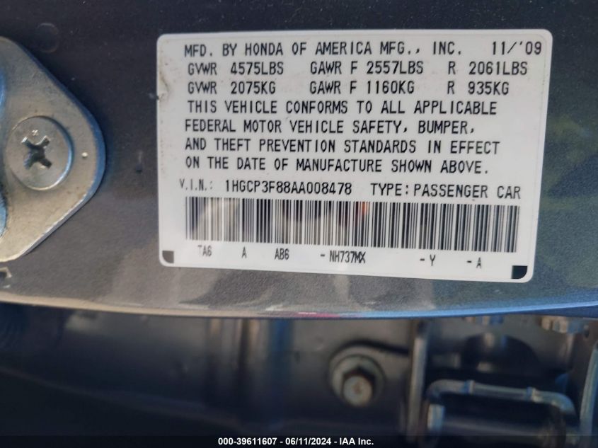 2010 Honda Accord 3.5 Ex-L VIN: 1HGCP3F88AA008478 Lot: 39611607