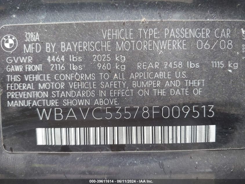 2008 BMW 328I VIN: WBAVC53578F009513 Lot: 39611614