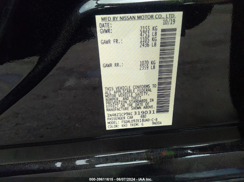 2019 Nissan Leaf Sv Plus VIN: 1N4BZ1CP9KC319031 Lot: 39611615