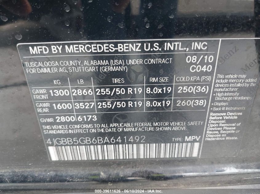 2011 Mercedes-Benz Ml 350 VIN: 4JGBB5GB6BA641492 Lot: 39611626