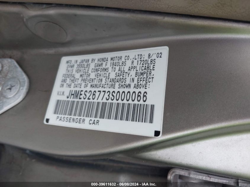 2003 Honda Civic Ex VIN: JHMES26773S000066 Lot: 39611632