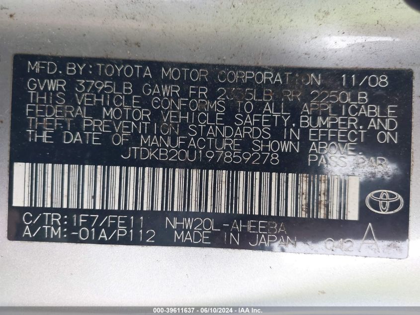 2009 Toyota Prius VIN: JTDKB20U197859278 Lot: 39611637