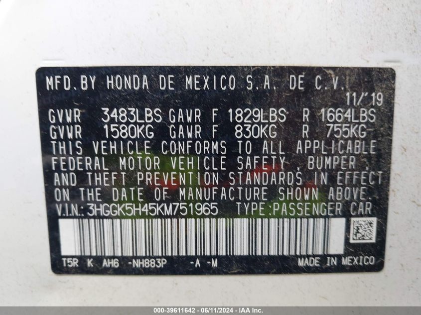 2019 Honda Fit Lx VIN: 3HGGK5H45KM751965 Lot: 39611642