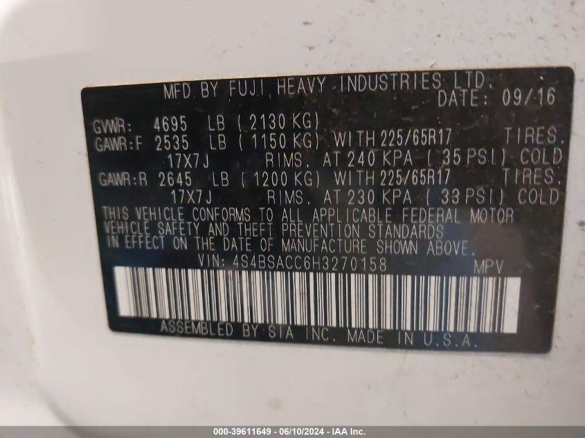 2017 Subaru Outback 2.5I Premium VIN: 4S4BSACC6H3270158 Lot: 39611649