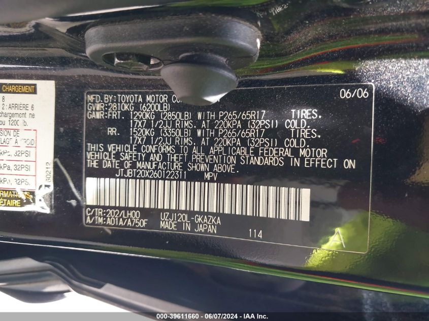 2006 Lexus Gx 470 VIN: JTJBT20X260122311 Lot: 39611660