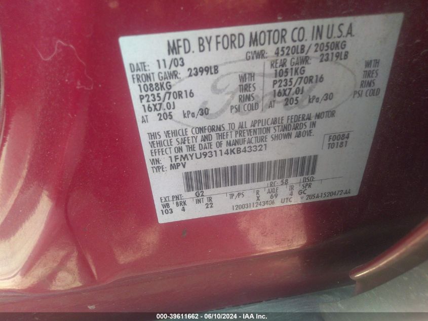 2004 Ford Escape Xlt VIN: 1FMYU93114KB43321 Lot: 39611662