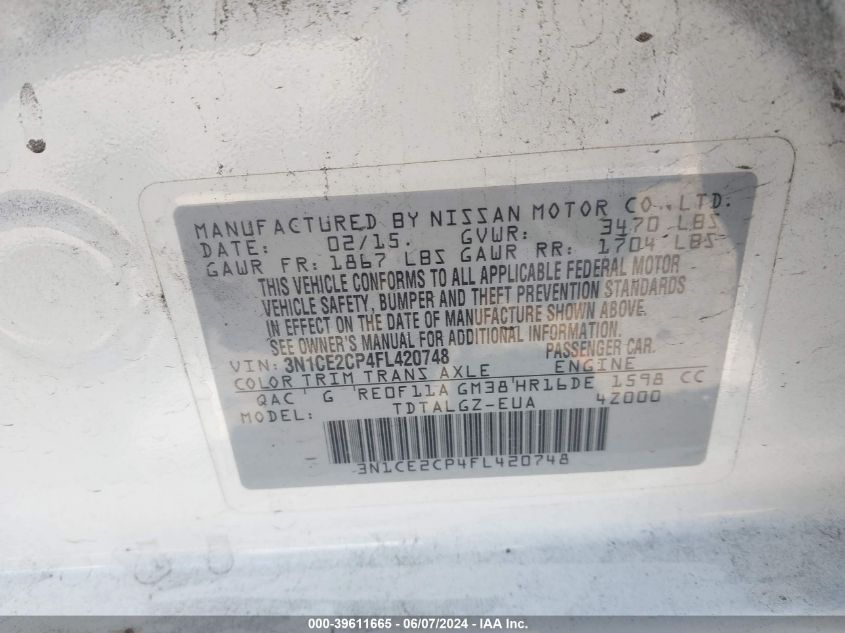 2015 Nissan Versa Note Sr VIN: 3N1CE2CP4FL420748 Lot: 39611665