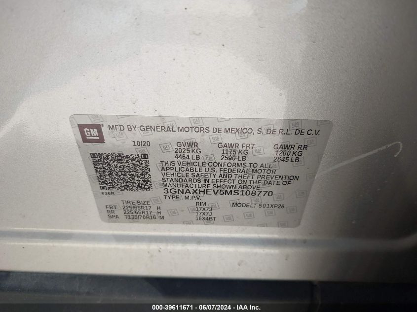 2021 Chevrolet Equinox Fwd Ls VIN: 3GNAXHEV5MS108770 Lot: 39611671