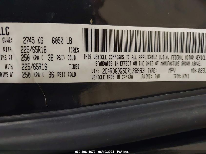 2012 Dodge Grand Caravan Crew VIN: 2C4RDGDG5CR128983 Lot: 39611673