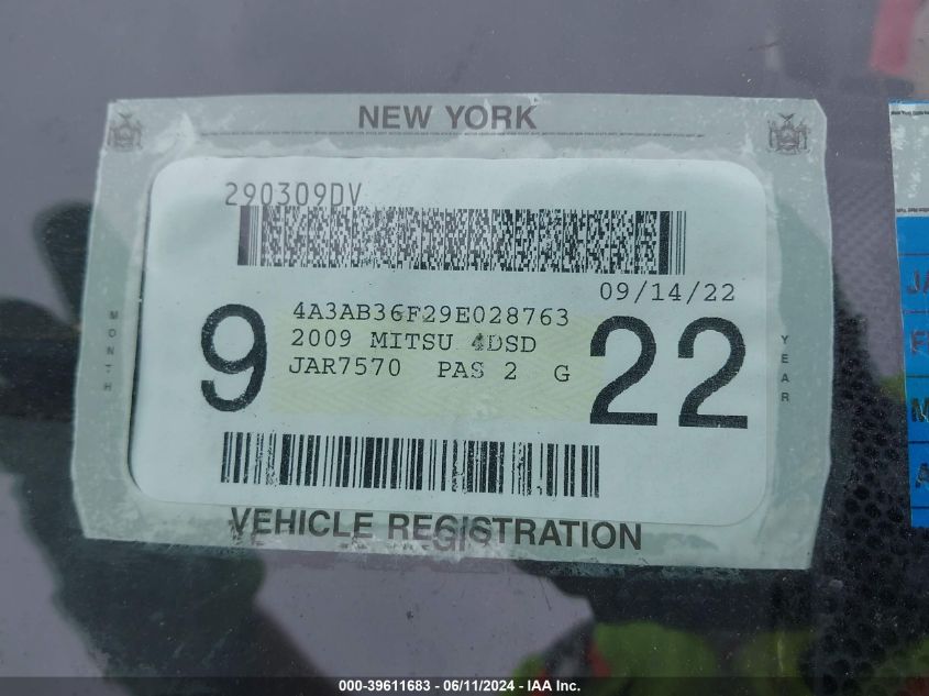 2009 Mitsubishi Galant Es/Sport Edition VIN: 4A3AB36F29E028763 Lot: 39611683