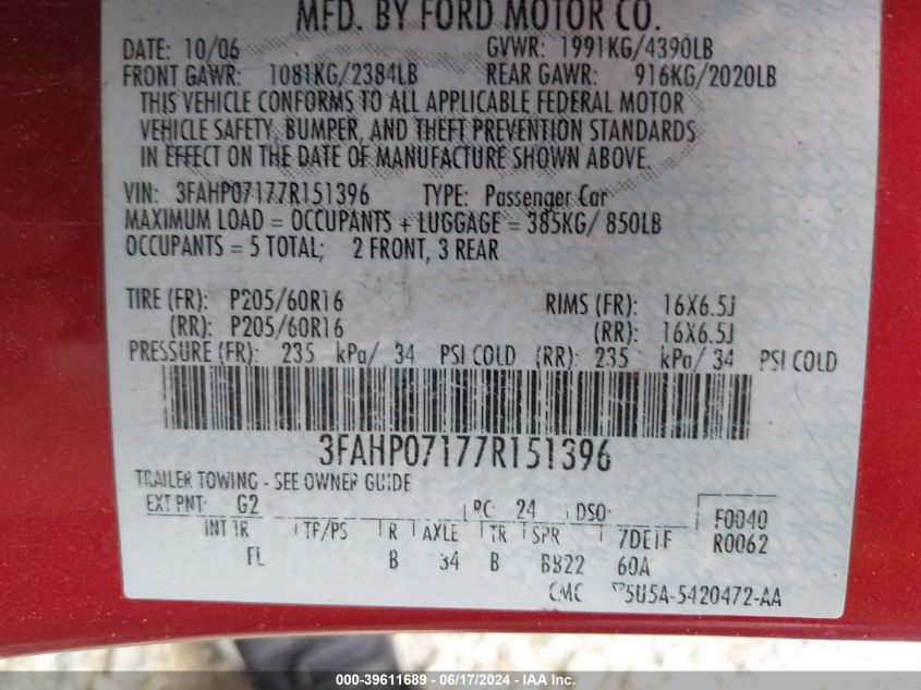 2007 Ford Fusion Se VIN: 3FAHP07177R151396 Lot: 39611689