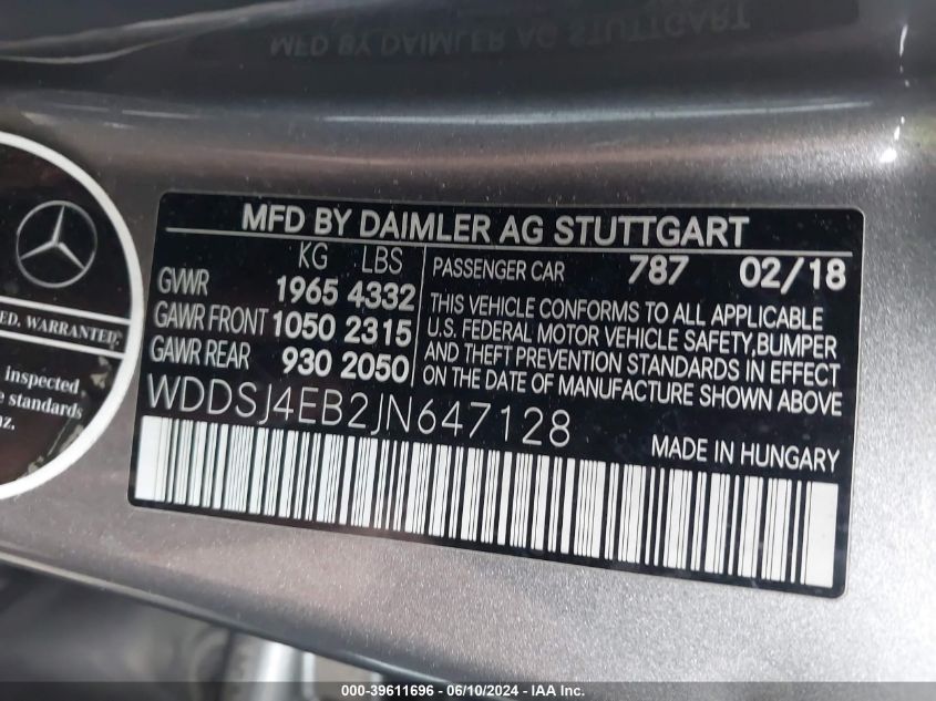 2018 Mercedes-Benz Cla 250 VIN: WDDSJ4EB2JN647128 Lot: 39611696