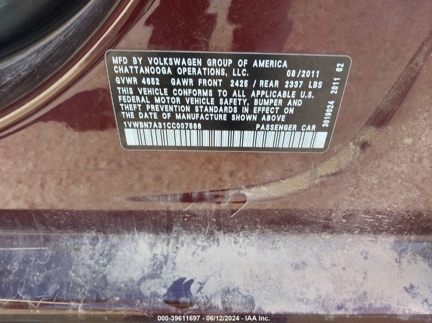2012 Volkswagen Passat 2.0L Tdi Se VIN: 1VWBN7A31CC007566 Lot: 39611697