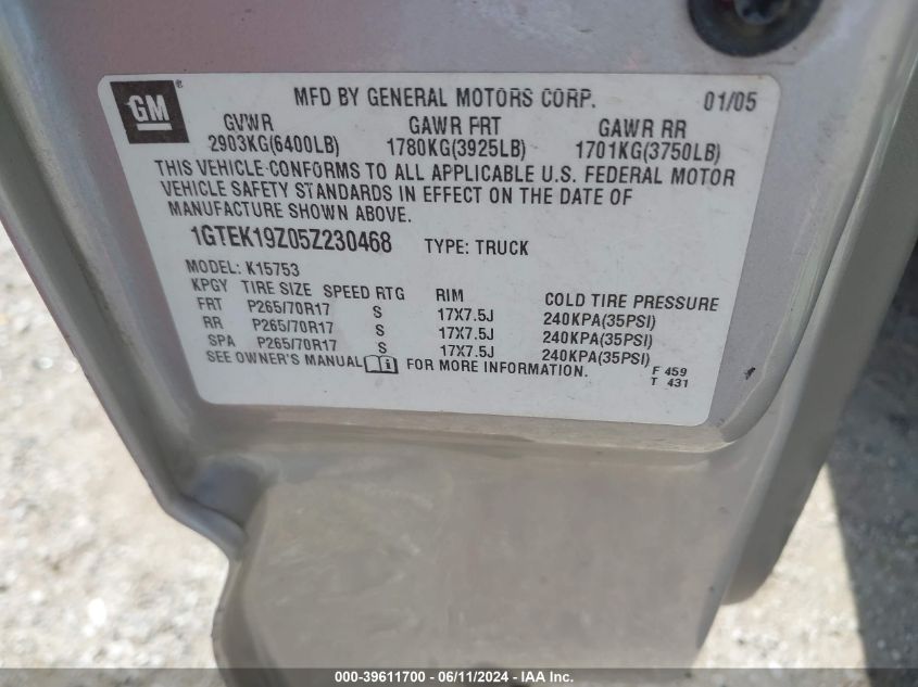 2005 GMC Sierra 1500 Slt VIN: 1GTEK19Z05Z230468 Lot: 39611700