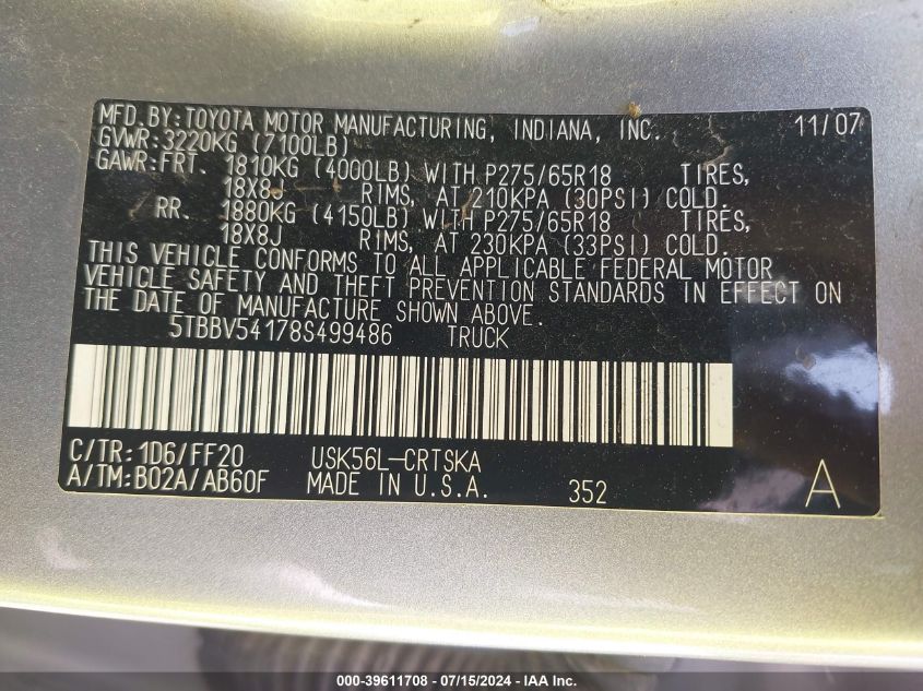 2008 Toyota Tundra Sr5 5.7L V8 VIN: 5TBBV54178S499486 Lot: 39611708