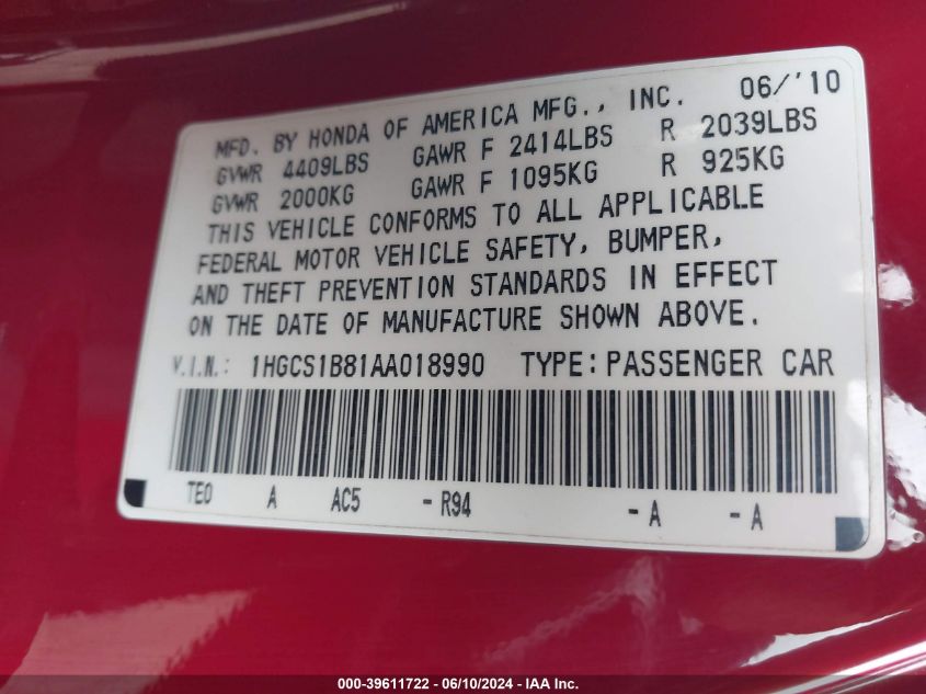 2010 Honda Accord 2.4 Ex-L VIN: 1HGCS1B81AA018990 Lot: 39611722