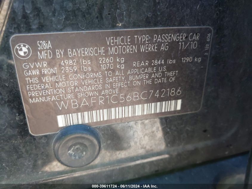 2011 BMW 528I VIN: WBAFR1C56BC742186 Lot: 39611724