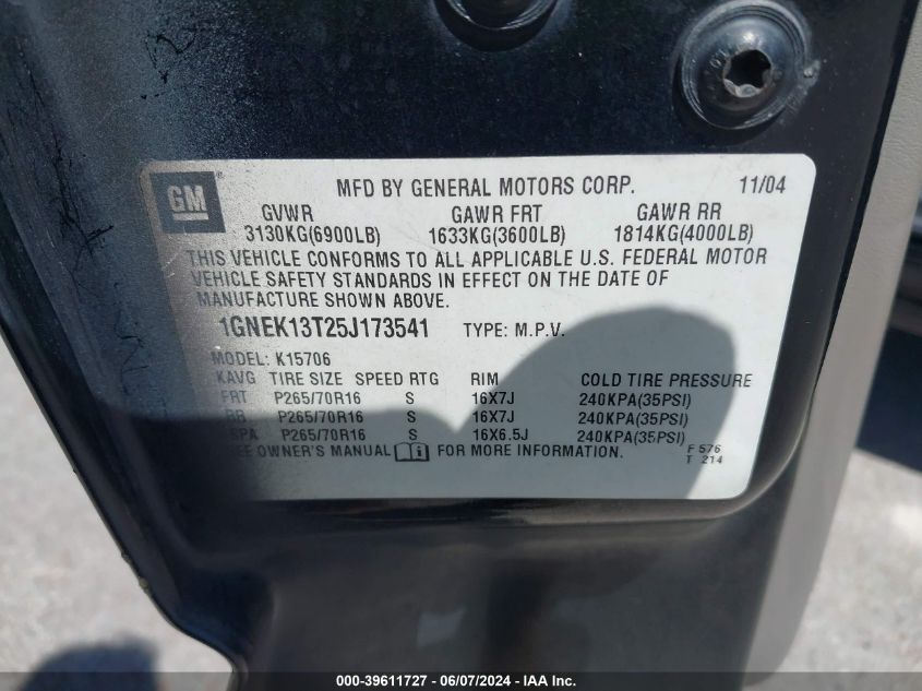 2005 Chevrolet Tahoe Ls VIN: 1GNEK13T25J173541 Lot: 39611727