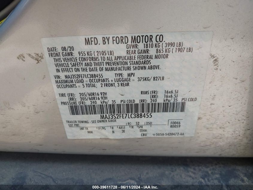 2020 Ford Ecosport S VIN: MAJ3S2FE7LC388455 Lot: 39611728