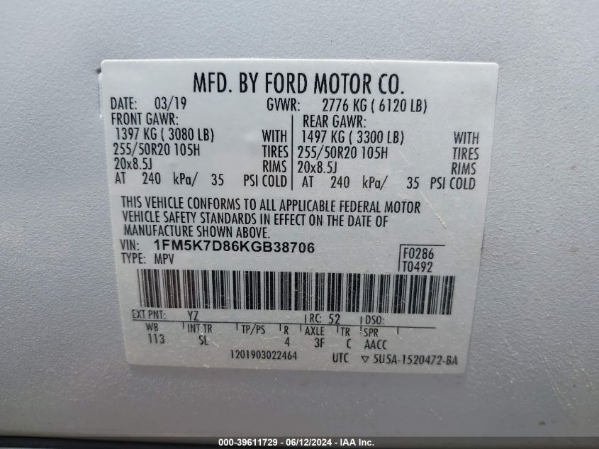 2019 Ford Explorer Xlt VIN: 1FM5K7D86KGB38706 Lot: 39611729