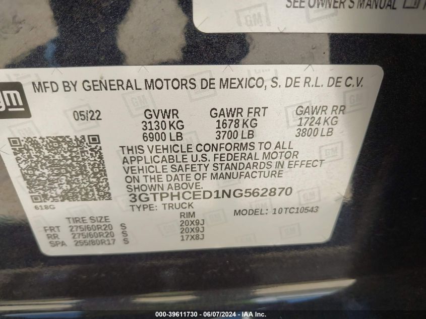 2022 GMC Sierra 1500 2Wd Short Box Elevation VIN: 3GTPHCED1NG562870 Lot: 39611730