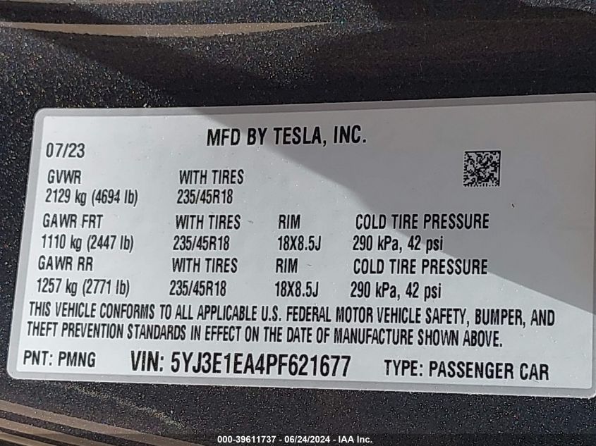 2023 Tesla Model 3 VIN: 5YJ3E1EA4PF621677 Lot: 39611737