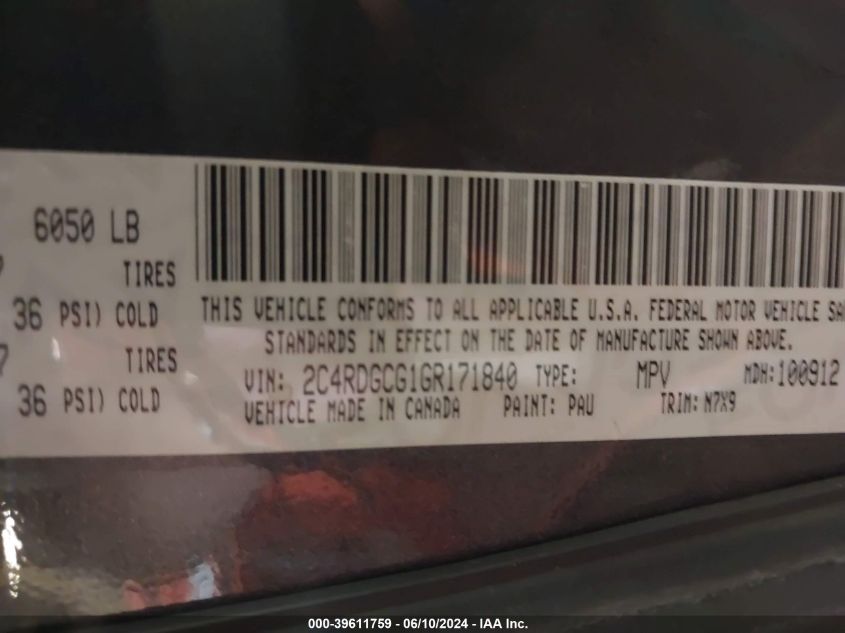 2016 Dodge Grand Caravan Sxt VIN: 2C4RDGCG1GR171840 Lot: 39611759