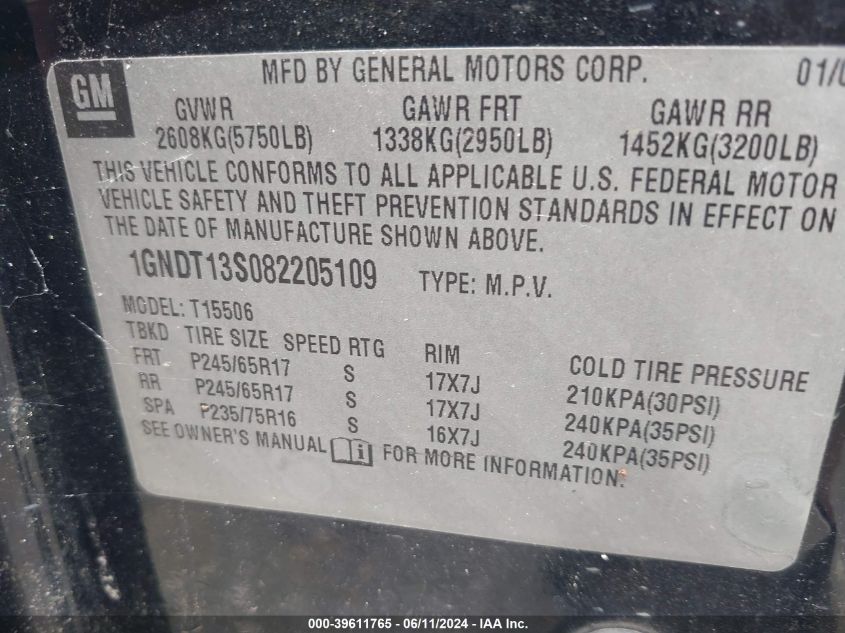 2008 Chevrolet Trailblazer Fleet VIN: 1GNDT13S082205109 Lot: 39611765