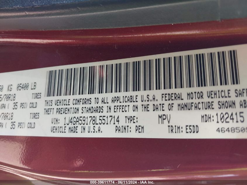 2008 Jeep Wrangler Unlimited Sahara VIN: 1J4GA59178L551714 Lot: 39611774