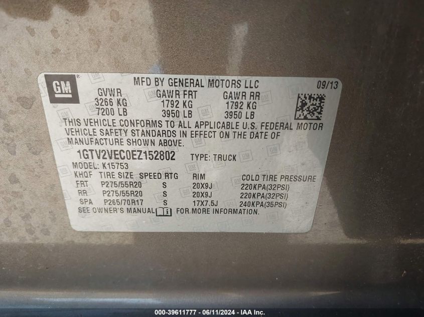 2014 GMC Sierra 1500 Slt VIN: 1GTV2VEC0EZ152802 Lot: 39611777